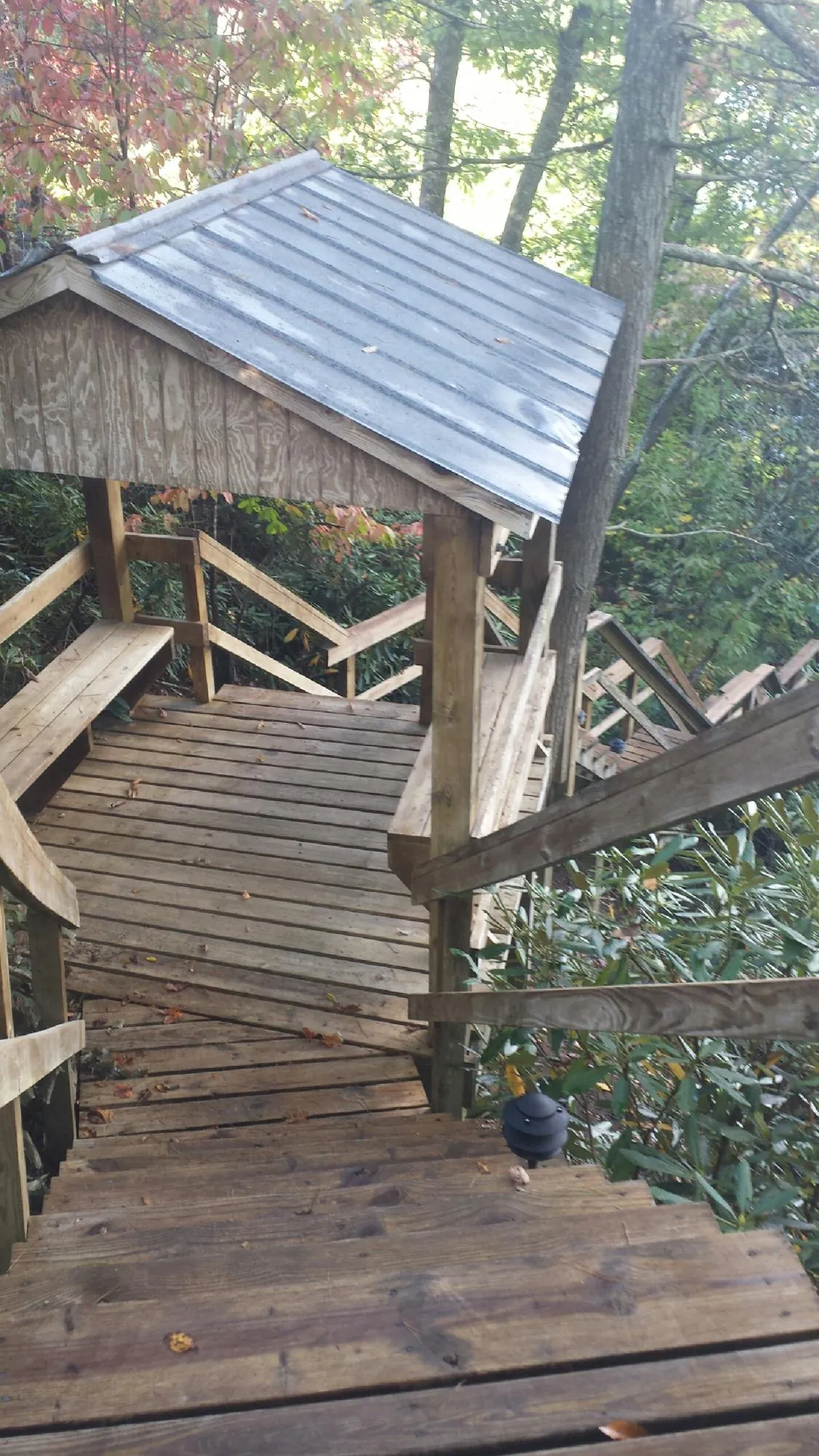 Metal roofed shelter over wooden steps on a wooded walkway — Skylight Repair & Installation work by our crew in Shelbyville